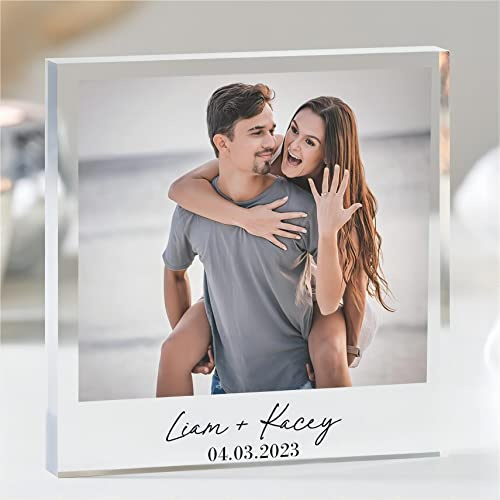 Engagement Personalised Photo Block, Customized Clear Acrylic Picture Frames, Anniversary Photo Frame, Engagement Acrylic Plaque, Glass Picture Cube, Engagement Gift, Wedding Gift (4 x 4 inch)