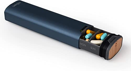 Robuste und praktische Pillendose 7 Tage，Großes Fach Pillenbox 7 Tage，Tablettenbox 7 Tage für unterwegs,Hochwertige,stilvolle Aluminium und Holz Medikamentenbox (Mattes Blau)
