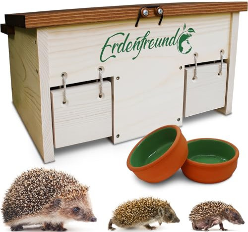 ERDENFREUND® Igelfutterhaus mit Rattenklappe + 2er Set Wasser- & Futternapf Igelhaus mit Rattenklappe artgerecht 2 Labyrinth Eingänge & Dachverschluss(Igelfutterhaus inkl. 2er Set Wasser-& Futternapf)