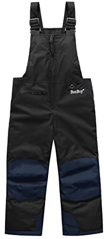 BenBoy Kinder Skihose Schneehose Wasserdicht Softshellhose Gefüttert Warm Hosenträgerhose Latzhose Winddicht Outdoorhose Winter Jungen Mädchen Snowboardhose HXK7112-Black-L=164