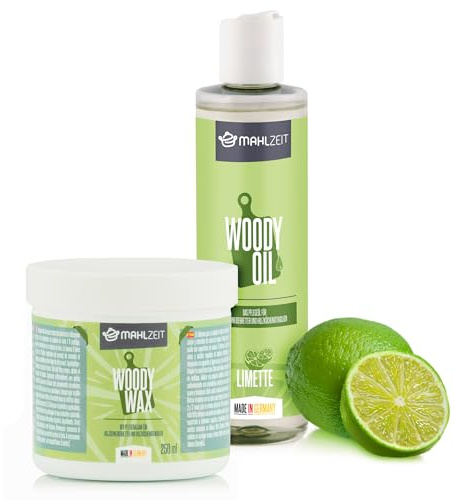 Mahlzeit Holzpflege Set WOODY WAX Holzpflege aus Bienenwachs + WOODY OIL Holzöl für Schneidebretter und Holzküchenutensilien, 2x 250 ml, Limettenduft | 100% natürlich | Holzschneidebretter, Balsam