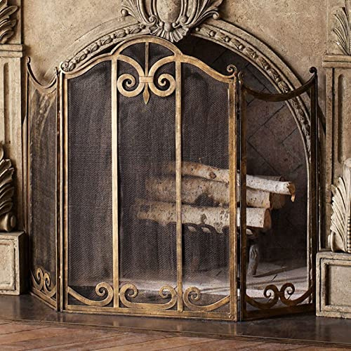 Fire Screen Antique Vintage Brass Fireplace Mantle, 114×90cm, Heat-Resistant Spark Flame Guard For Flame Furnace/Charcoal Fire