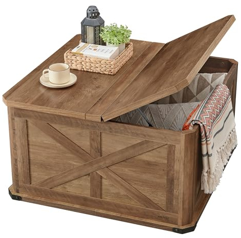 VASAGLE LIRY Collection - Farmhouse Coffee Table with Storage, Square Center Coffee Table for Living Room, with Hidden Compartment, Flip-Top Lids, Honey Brown ULCT232K41