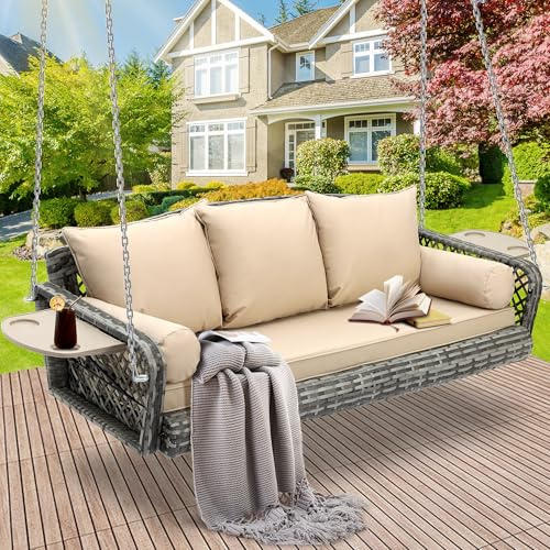 Wicker Porch Swing, 3-Seats Rattan Hanging Swing Chair, Outdoor Patio Grey Rattan Swing Bench with Cushions & Foldable Tray for Patio Backyard Poolside Garden, Khaki
