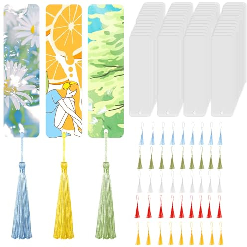 FAURAPMNG 90-teiliges Acryl-Lesezeichen Set mit 45 Bunten Quasten, Rechteckig und Transparent für DIY-Projekte, Handwerk, Geschenkanhänger
