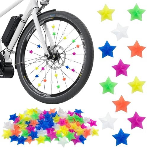 Feliciay 72 perlas de radios para niños, reflectores de radios, estrellas, perlas de plástico para rueda de bicicleta, clicker reflectante, para niñas y niños, decoración de radios de bicicleta