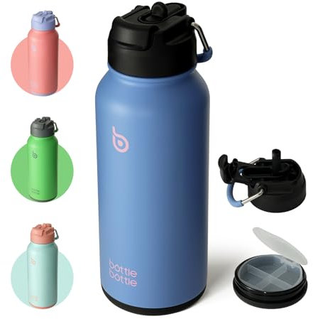 BOTTLE BOTTLE Edelstahl Trinkflasche 1L mit Strohhalm – Auslaufsichere Isolierflasche für Sport & Fitnessstudio, mit Pillenfach, BPA-frei, doppelwandig (Himmel-Sommer)