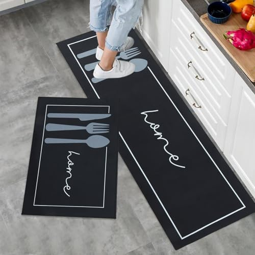 HomKuch rutschfeste Küchenmatte Küchenteppich Set, 2-teilige weiche Stehmatten und Teppiche 50x80+50x150cm Schwarz