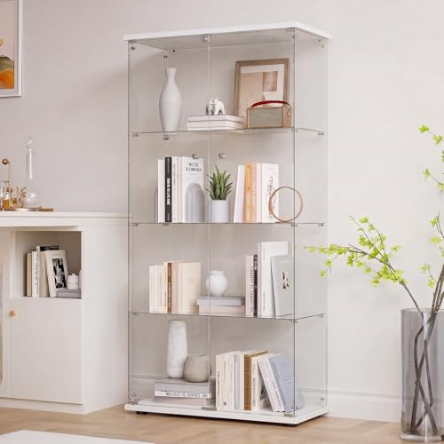 DADEA Vetrinetta in Vetro 4 Ripiani 2 Porte, Vetrina Colonna Espositiva, 80.5×36,5×164 cm, Vetrina in Vetro per Collezionismo Vetrinette EspositiveVetrina Soggiorno Trasparente Vetrinetta Espositiva