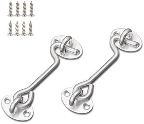 KOVOSCH 2 Sturmhaken Mit Öse,2 Stück 4 Zoll/100mm Sturmhaken Edelstahl,Kabinenhaken,Fensterhaken,Riegel Tür,Türhalter,Gartentor Riegel,Mit 8 Befestigungsschrauben (Silber, 4 Zoll 2 Stück)