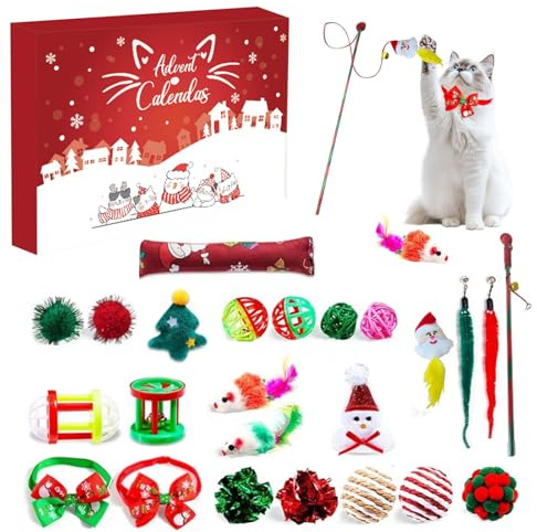 Katzen Adventskalender 2025, Weihnachtskalender 24 Katzenspielzeuge, 24 Tage Weihnachts Countdown Katze interaktives Spielzeug, Angelspielzeug Katzenbälle Spielzeugmäuse Katzen Weihnachten Geschenk