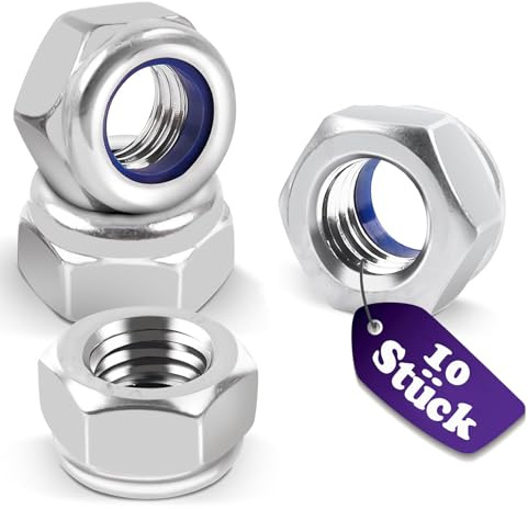 DIN985 10 Stück Sechskantmuttern M10, Sicherungsmuttern Edelstahl Standard A2 V2A M10 Mutter, Selbstsichernde Muttern Stoppmutter, Sechskant Edelstahlmutter Stoppmuttern Kontermuttern Set