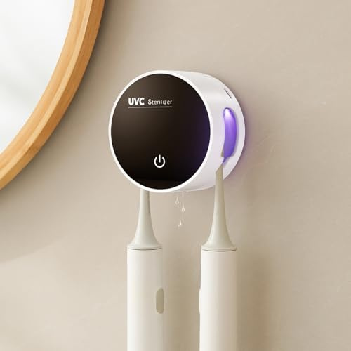 Desinfectante de cepillos de dientes UV, soporte para cepillos de dientes montado en la pared con 2 ranuras para cepillos eléctricos, esterilización y sincronización y funciones de secado para niños y