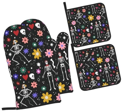 Guanti Da Forno E Presine Da Cucina Set, Day Of The Dead Skeleton Guanti Da Cucina Professionale Guanti Da Barbecue Addensare Presine Da Cucina Per Grigliate Ringraziamento Natale