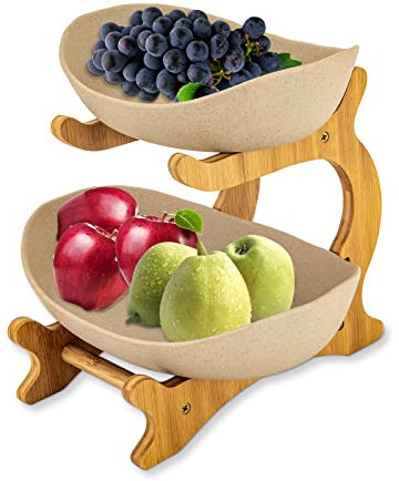2 Tier Fruit Bowl, Ceramic Fruit Basket, Countertop Serving Tray Rack with Bamboo Stand, Large Capacity Fruit Holder, Storage Bowl for Fruit Vegetable Snack Cake Dessert (Khaki)