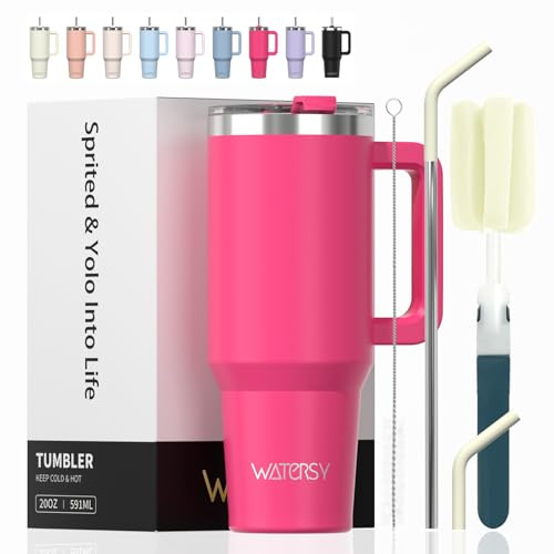 WATERSY Travel Mug Coffee Cup 20oz Tumbler Straw Lid and Handle, Stainless Steel Double Wall Vacuum Insulated Coffee Water Bottle Thermal for Cold Hot Coffee 591ml Gloss Pink