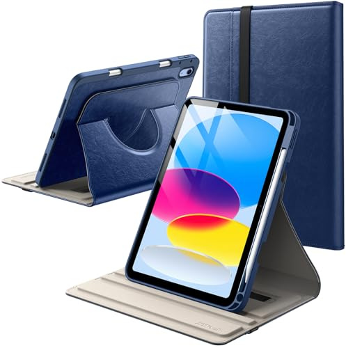 JETech Drehbare Hülle für iPad (A16) 11./10. Gen, Navy | Für 2025/2022 Modell, 360° Drehständer, Stifthalter, PU-Leder Folio, Vollschutz-Design