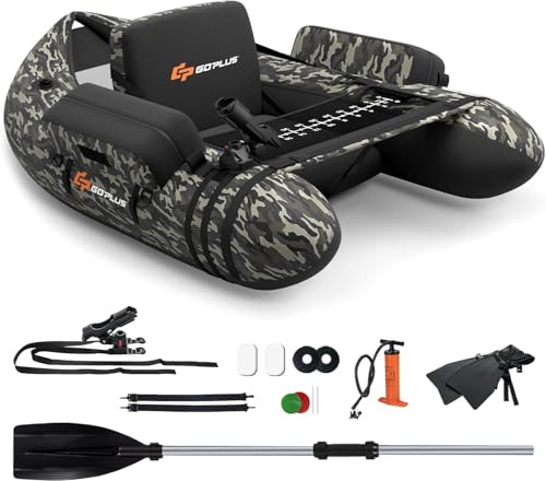 FANTASK Aufbelasbares Schlauchboot, Fischerboot mit Pumpe, Paddel, Gurte, Bellyboat Paddelboot für Erwachsene, 150 kg Belastbar, 135 x 109 x 54cm (Tarnung)