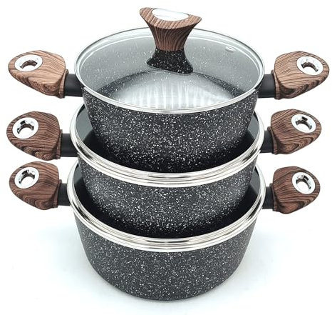 Die-Cast Aluminium Cookware Set, 3-Piece Marble-Coated Stock Pots with Glass Lids, 20/22/24 cm, Grey with Wood-Effect Handles