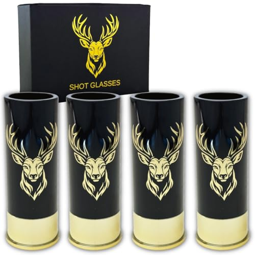 Durawe Company Verres à liqueur avec tête de cerf pour hommes et femmes, fête de mariage, fête des pères, cadeaux pour chasseurs 12 GA chasse au cerf – Petit gobelet à liqueur avec boîte cadeau (noir)