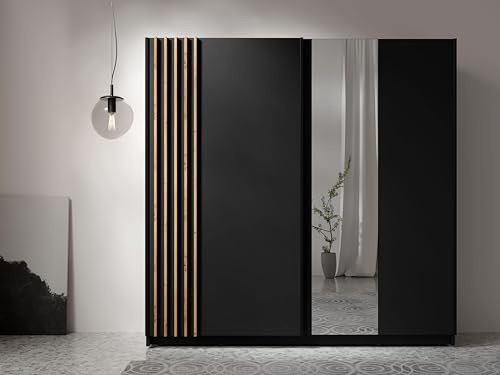 AXLIVING Armoire Noire avec Miroir 202 cm - Beralto Artisan Lamelles