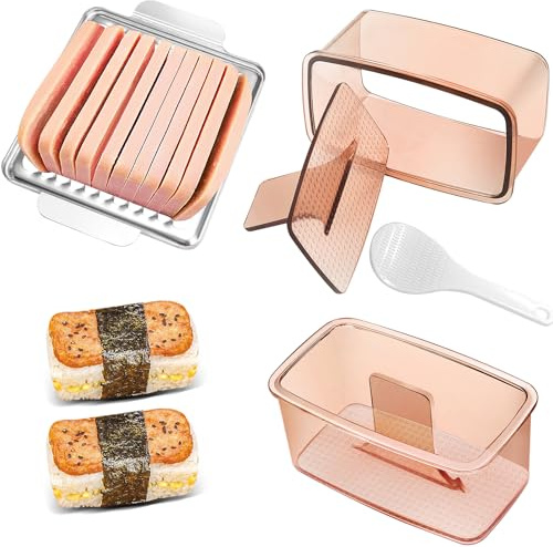Musubi Press Maker Mold 2 Pack, Clear Onigiri Mold Kit with Luncheon Meat Slicer 304 Stainless Steel for SPAM