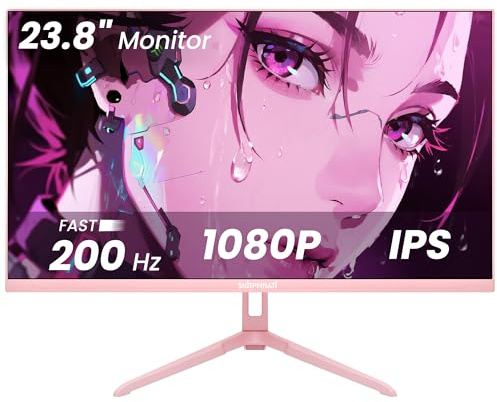 SKitphrati Pink 24 inch Gaming Monitor 200Hz Refresh Rate FHD 1080p Resolution Fast IPS Panel 1ms GTG Response Time Adaptive Sync Built-in Speakers Pink Monitor
