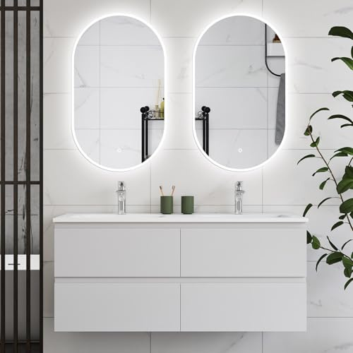 HAPAOSO Ensemble Meubles Salle de Bain 120 cm Blanc - Double Vasque Céramique, 4 Tiroirs de Stockage, Miroir LED Ovale Dimmable