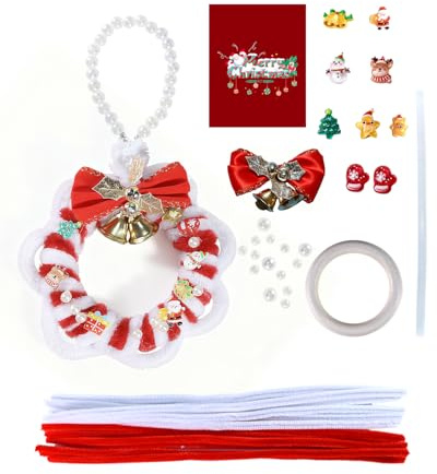 Farbeniok Weihnachts Perlenring Pfeifenreiniger Bastelset, DIY-Kranzschmuck-Set mit Perlen, Schleife für Baumschmuck, Innendekoration, Schulranzen, Kinderfest (Rot-Weiß)