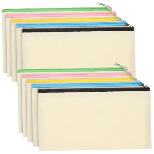 WEKAMOS 10 Stück Canvas Federmäppchen mit Buntem Reißverschluss Große Kapazität Waschbare Stifttasche für DIY Bemalen Vielseitige Aufbewahrungstasche für Schreibwaren und Kosmetik