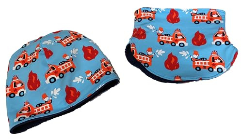 2er Mützen-Set Beanie Mütze und Halssocke Feuerwehr gefüttert BW-Jersey Wollwalk Baby Kinder