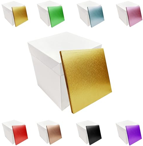 LARRYROO Tall White Extra Deep Cake Box + Lid & Square Colour Cake Drum Board Combo Pack for High Celebration, Wedding, Birthday Cakes (Gold, 10 Inch)