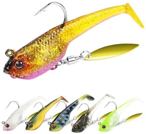 ABOHU Gummifische Angelköder, 6 Stück Weiche Kunstköder für Forelle Zander & Barsch, Gummiköder Angelausrüstung Mit Spinnerblatt, Jigs Head, Angelsets Paddelschwanz Angel-Jigs für Süß und Salzwasser