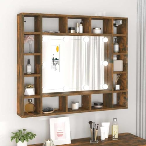 Frdhee Armoire de salle de bain, étroite, miroir, avec LED, chêne fumé, 91 x 15 x 76, 5 cm, lavabo sur pied pour salle de bain, salon, salle à manger, cuisine
