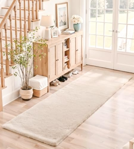 ROHATIM Teppich Läufer 60x180 cm Beige Waschbar rutschfest Kunstfell | maschinenwaschbar, Kaninchenfell-Optik, ultraweicher Flor, rutschfeste Rückseite, OEKO-TEX, für Schlafzimmer und Flur
