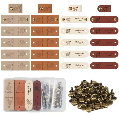 Ortviai 20 Stück Handmade Labels zum AnnäHen, Lederetiketten Handmade mit Nieten, DIY PU-Wildleder-Etiketten, für Kleidung, Stricken, Basteln, Handgemachte Accessoires für Nähen und Dekorat