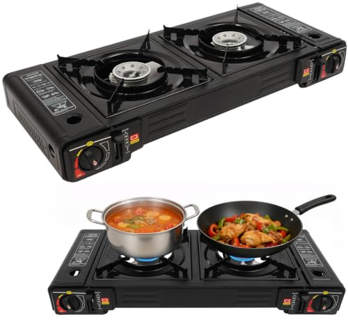 Fornello a gas da campeggio 2 in 1, 2 fuochi 2x2500W, accensione piezoelettrica automatica e valigia per il trasporto – Fornello a gas portatile per butano/GPL, ideale per campeggio