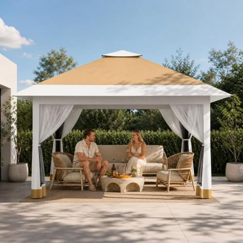 GarveeMore Faltpavillon Pop Up Pavillon 4x4 m Mit Moskitonetz | Höhenverstellbar, 4 Sandsäcken, Outdoor Gartenpavillon, Für Garten Terrasse Party BBQ, Khaki