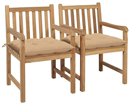 Ziaphsol Trädgårdsstolar, set om 2 av massivt teak med beige stoppning, stapelbar, väderbeständig, med armstöd, för balkong, terrass, utomhus, lounge, avslappning, robust och platsbesparande