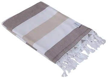 InfuseZen Terry Cloth Lined Turkish Bath & Beach Towel – Striped Design - 100% Organic Turkish Cotton - Soft, Lightweight, Absorbent Peshtemal - Quick Dry for Beach, Bath, Throw, Travel - Brown/Beige