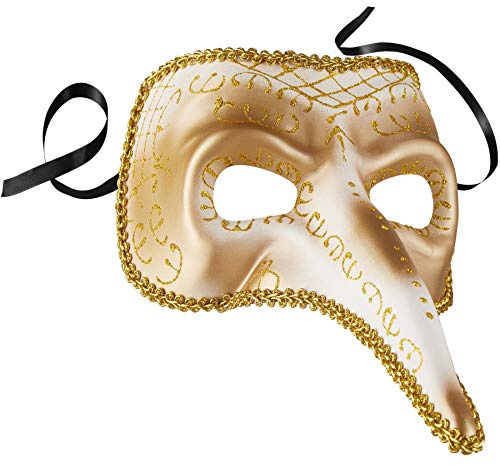 dressforfun 900889 Venezianische Maske mit langer Nase und Verzierungen, Unisex Schnabelmaske, Halbmaske für Maskenball Fasching Karneval Halloween Kostüm - diverse Farben - (gold | Nr. 303552)