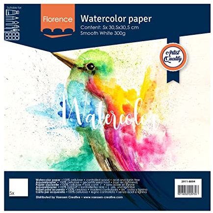 Florence Aquarellpapier Glatt - Zeichenblock für Aquarellfarben 30,5 x 30,5 cm - Weiß - Malblock für Wasserfarben - Künstlerbedarf und Scrabooking - 300 gsm