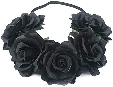 MIMIKRY Rosen Stirnband Hippie Gothic Festival Kopfschmuck Haarkranz Haarband Blumenkrone Damen, Farbe:Schwarz
