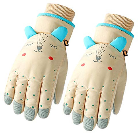 Yunso Guanti da sci per bambini, invernali, impermeabili, per neve, colore solido, orecchie dei cartoni animati, antivento, per sci, snowboard, all'aperto (giallo)