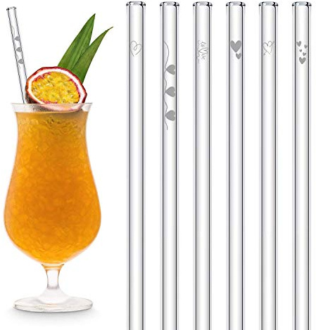 HALM Original Glas Strohhalme mit gravierten Herz Symbolen | 6 Stück 23cm mit Reinigungsbürste | Herzchen Geschenk Freundin Mann für Jahrestag und Valentinstag | Liebesgeschenke für Männer und Frauen