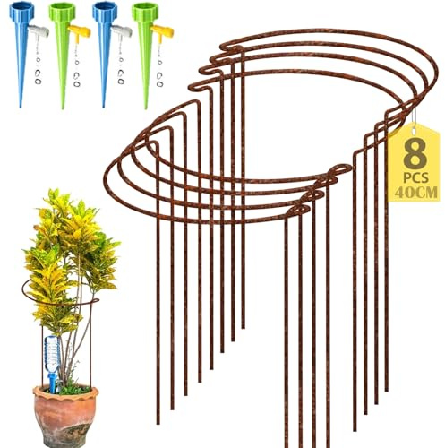 8 Pack Rusty Bow Plant Support Stakes, Half Round Natural Rust Flower Support Ring Cage Frame with 4 Self Watering Spikes, Rusted Metal Interlinking Garden Border for Peonies, Hydrangea(25x40cm)