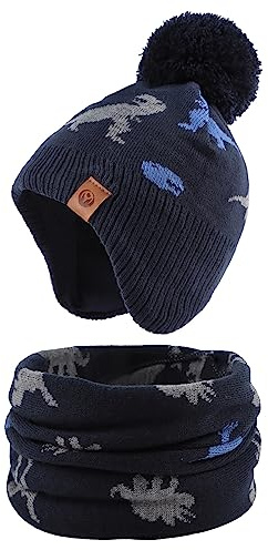 XIAOHAWANG Baby Strickmütze Winter Babymütze Junge Warme Kindermütze Junge Beanie Mütze Dicke Wintermütze für Herbst,Winter(Marine Dinosaurier(Hut+Schal), 9-24Monate)