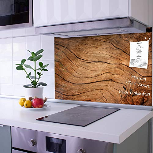 banjado Küchenrückwand Glas ohne Bohren 120x80cm – Glasrückwand Küche mit Motiv Holzmaserung/Spritzschutz Küchenrückwand Glas/selbstklebende Küchenrückwand Platte - magnetisch & beschreibbar