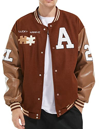 Eocicvvi Giacca Uomo da Baseball Lettera Ricamo Varsity Jacket Donna Vintage Cappotto Unisex Giubbotto da Coppia Autunno Inverno(1 Marrone,XS