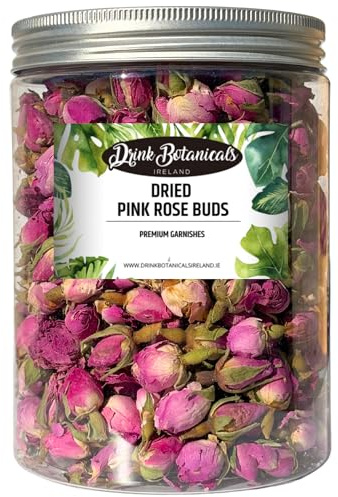 Edible Dried Pink Rose Buds | 100% Natural | 300+Roses | Dry Roses for Soap Making, Tea, Cocktail Flowers, Decorations, Wedding Confetti, Recyclable PET Jar | 140 Grams 4.93 Oz | Drink Botanicals